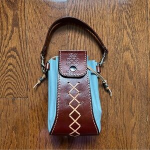Tribute Leather Small Mini Brown & Blue Leather Nylon Drawstring Top Handle Bag